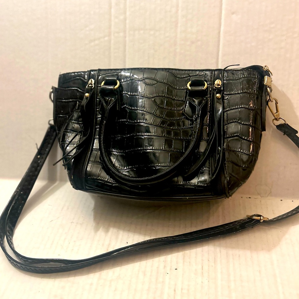 Black Crocodile-Embossed Crossbody Bag
